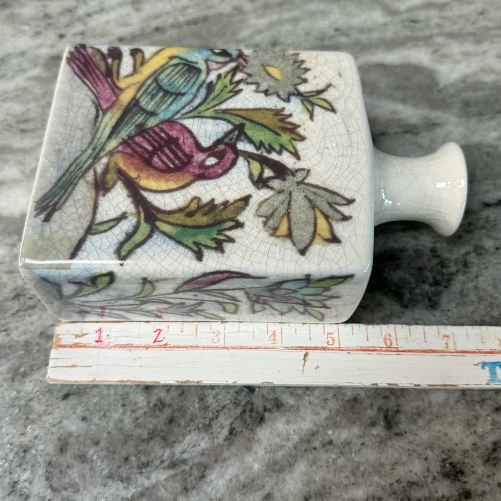 Pottery Barn Ikat Crackled Flower Vase Floral Birds Deer